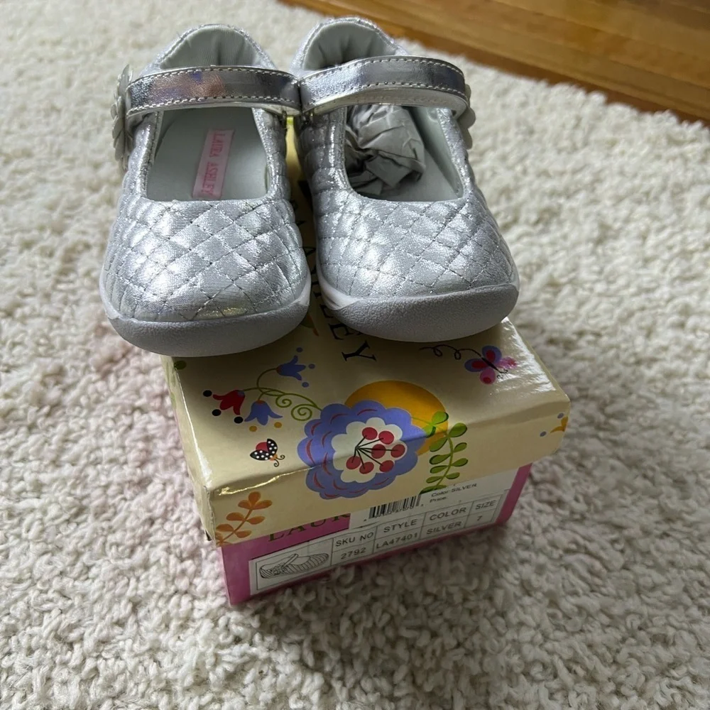 Kids 7 Laura Ashley Silver Quilted Shoes NEW
